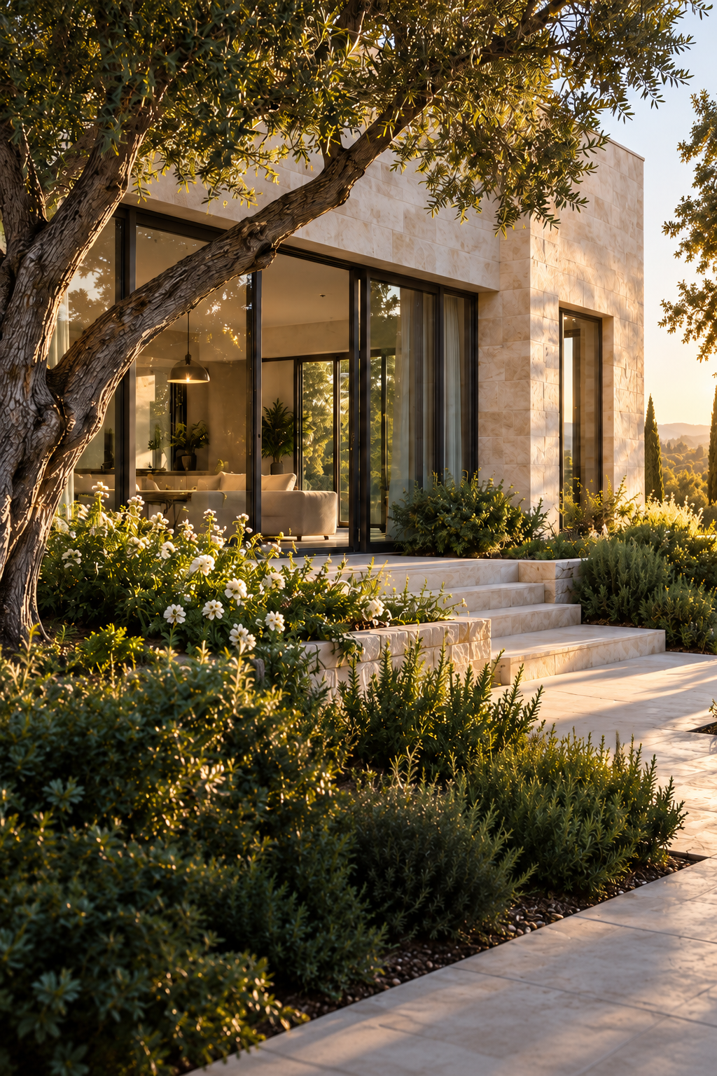 A sunlit limestone home surrounded by a garden